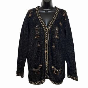 VINTAGE 80s 90s MOHAIR BLEND BEADED FRINGE SWEATER BLACK GOLD RETRO GLAM SIZE M